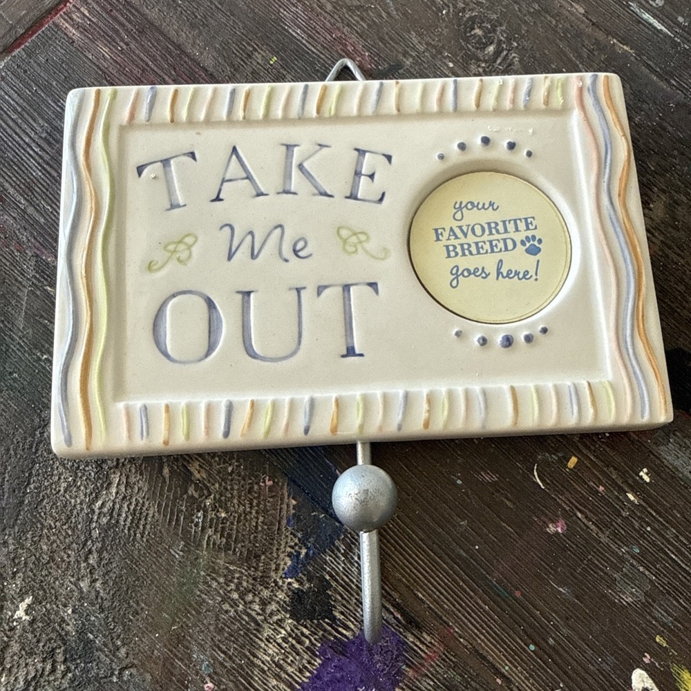 Ceramic Dog Leash Holder/Hook "Take Me Out" Pomeranian- 6 1/4" X 4"